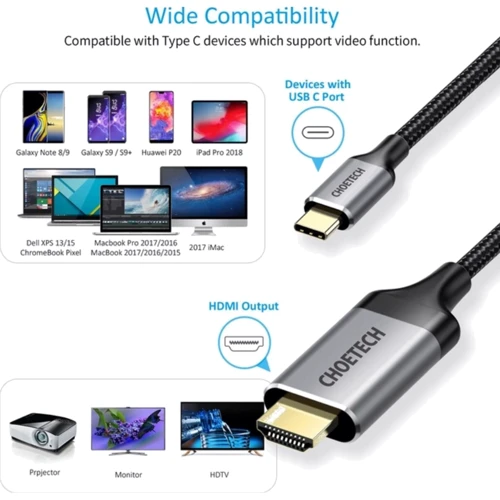 Кабель і перехідник Choetech HDMI - USB Type-C (M/M), 1.8 м, Grey (CH0021-BK) фото 5