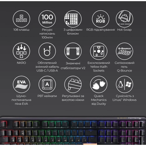 Клавиатура Ducky One 3 Cherry MX Red RGB Black UA (DKON2108ST-RUAPXCLAWSC1) фото 8