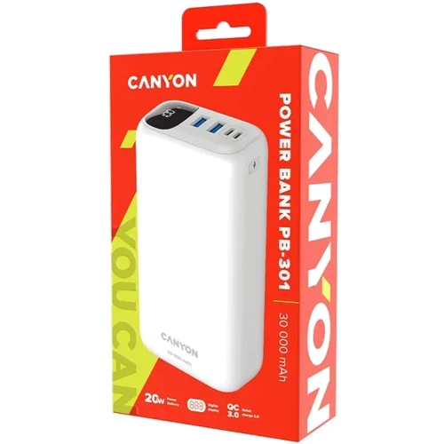 Зовнішній акумулятор Canyon Power Bank 30000mAh PD 20W White (CNE-CPB301W): Особливості Индикатор заряда, Компактный размер, С дисплеем, быстрая зарядка
