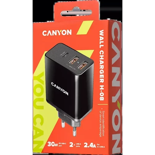 Зарядное устройство Canyon Wall Charger 2xUSB+USB-C 30W Black (CNE-CHA08B): Особенности Быстрая зарядка, USB-C