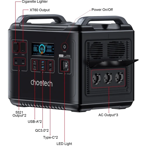 Зарядная станция Choetech 2000W 1997Wh Black (BS006): Выходы потребителей Автоприкуриватель, USB-C, USB-A, 220V