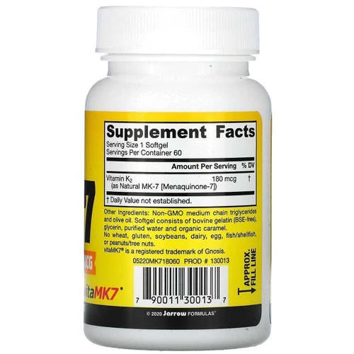 Jarrow Formulas Most Active Form of Vitamin K2 180 mcg Вітамін K2 активна форма MK-7 60 гелевих капсул: Тип вітамін K