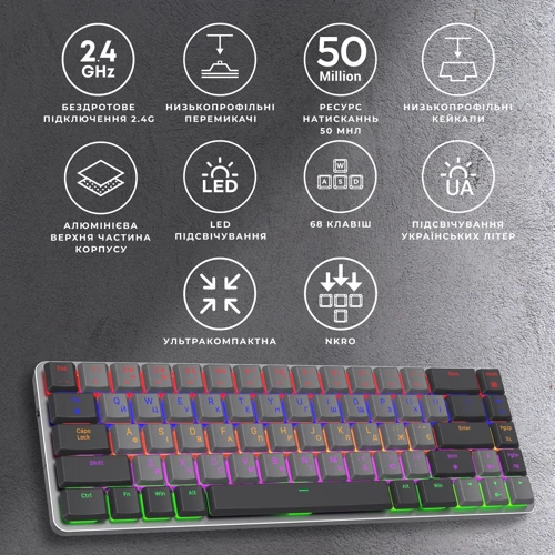Клавіатура GamePro MK122R Red Switch Low Profile Dark Gray: Додатково украинская раскладка, подсветка клавиш