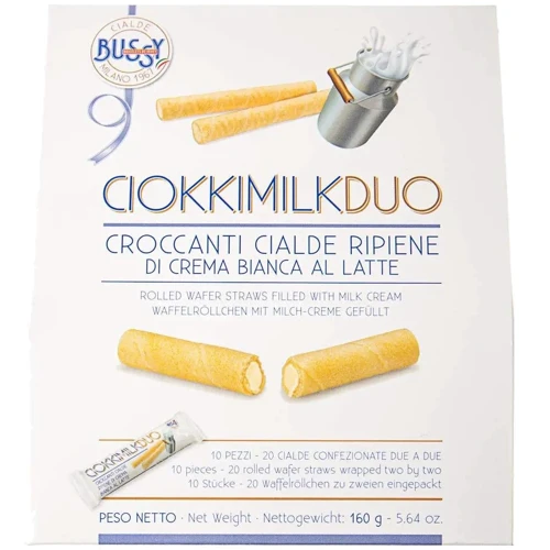 Трубочки вафельні Bussy Ciokkimilkduo з молочним кремом 160 г (8012819908028)