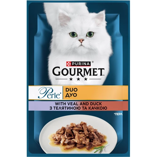 Вологий корм GOURMET Perle Duo для дорослих котів міні філе в підливці з телятиною та качкою 26х85 г (7613033580024/8445291187719): Тип вологий корм