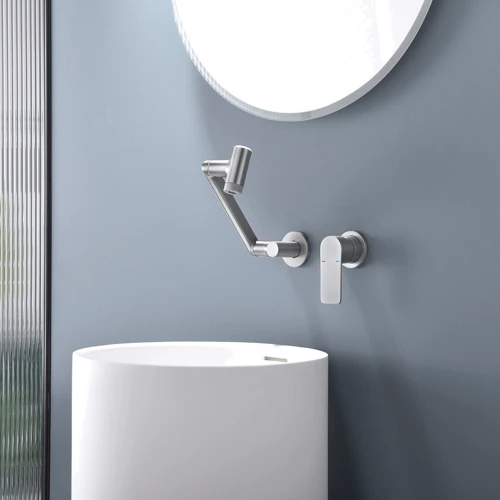 Смеситель настенный Lefton Single-Handle Wall Mount Bathroom Faucet with Temperature Display-BFWM2401 Brushed Nickel: Длина излива, см 20