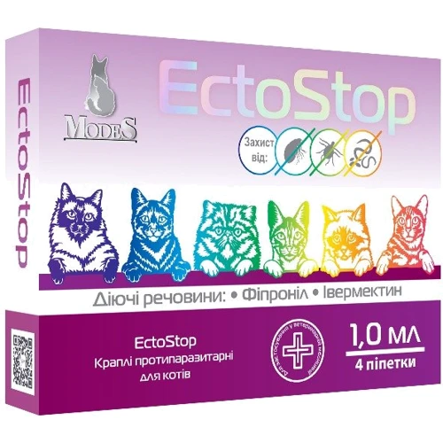 Капли Modes ЕктоСтоп противопаразитарные для котов 4-8кг 1млх4шт (ЗС000236)