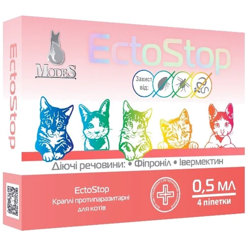 Капли Modes ЕктоСтоп противопаразитарные для котов до 4кг 0.5млх4 шт (ЗС000235)