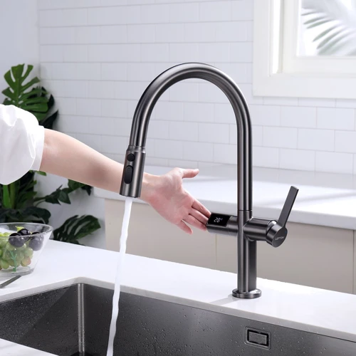 Смеситель для кухни Lefton Automatic Sensor & Pull-Down Kitchen Faucet with Temperature Display-KF2206 Grey: Вид смесителя Однорычажный