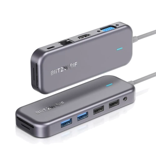 Адаптер BlitzWolf Adapter USB-C to USB-C+4xUSB+HDMI+VGA+RJ45+3.5mm+SD/TF Grey (BW-TH8): Колір сірий
