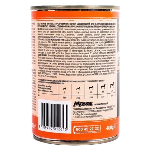Вологий корм для собак Monge Dog Wet Bwild Grain Free Adult індичка гарбуз цукіні 400 г (70012645): Вік Взрослые