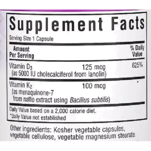 Bluebonnet Nutrition Vitamins D3 & K2 Витамины D3 и K2 60 вегетарианских капсул: Тип Витамин D