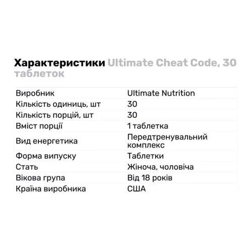 Предтренировочный комплекс Ultimate Nutrition Cheat Code 30 tablets/30 servings/Unflavored: Тип Комплекс до тренировки