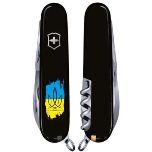 Мультитул Victorinox Huntsman Ukraine 91мм/15 функций/черный /Трезубец фигурный на фоне флага (1.3713.3_T1026u)