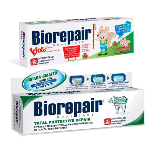 BIOREPAIR Комплекс "Family" (Дитяча зубна паста "Веселий мишеня" + Зубна паста "Абсолютний захист і відновлення")