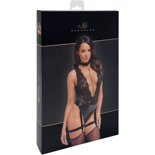 Боди Noir Handmade F297 Libido Deep-V bodysuit with collar, pearl chain and garter Black, S