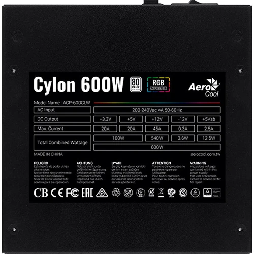 Блок живлення Aerocool Cylon 600W (Cylon ARGB): Форм-фактор ATX, EPS