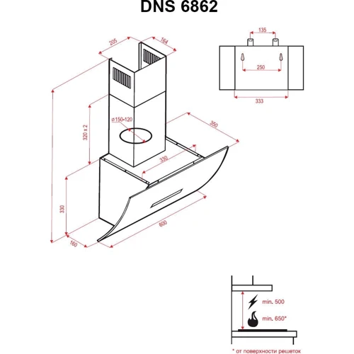 Вытяжка Perfelli DNS 6862 W LED: Рекомендуемая площадь помещения (при высоте 2,7 м), м² более 28,5