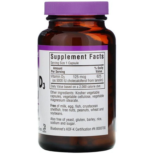 Bluebonnet Nutrition, Vitamin D3, 5,000 IU, 120 Vegetable Capsule (369): Тип вітамін D