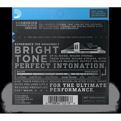 Струна для гитар Струны для электрогитар D'ADDARIO EJ20 XL NICKEL WOUND JAZZ EXTRA LIGHT (10-49): Назначение Для электрогитары