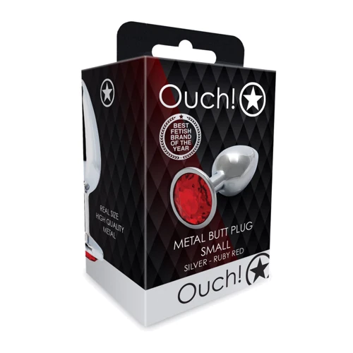 Металлическая анальная пробка Ouch! Heart Gem Silver - Ruby Red, S