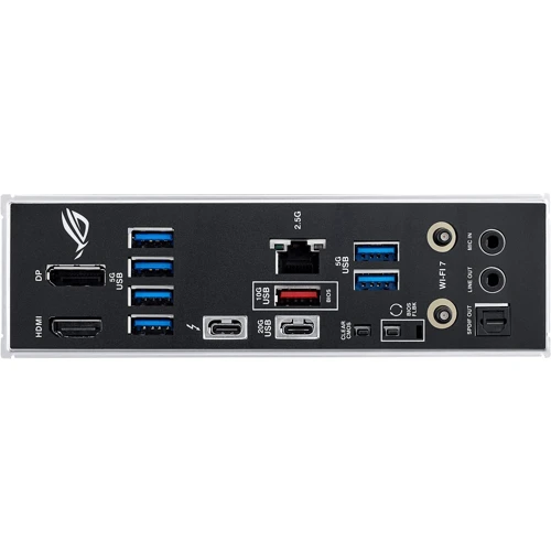 ASUS ROG STRIX B860-F GAMING WIFI UA: Разъемы на задней панели DisplayPort, USB 3.2 Gen 1, USB Type-C, USB 3.2 Gen 2, HDMI, S/PDIF (Оптический), Ethernet RJ-45