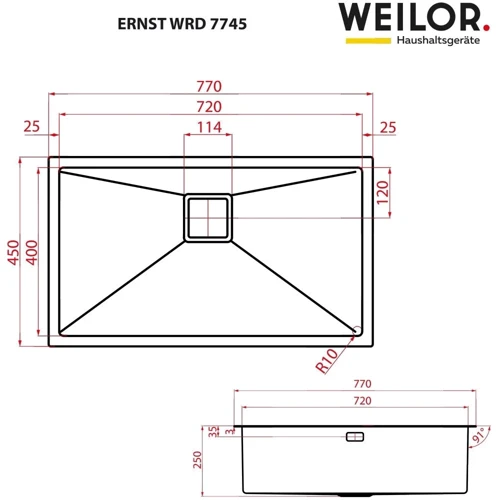 Weilor ERNST WRD 7745: Габариты чаши (ШxГxВ), см 72/40/25