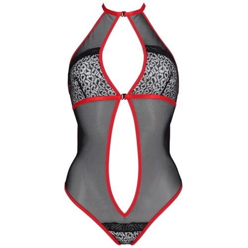 Сетчатое боди с кружевом на груди Passion SATARA BODY Black/Red XXL/XXXL