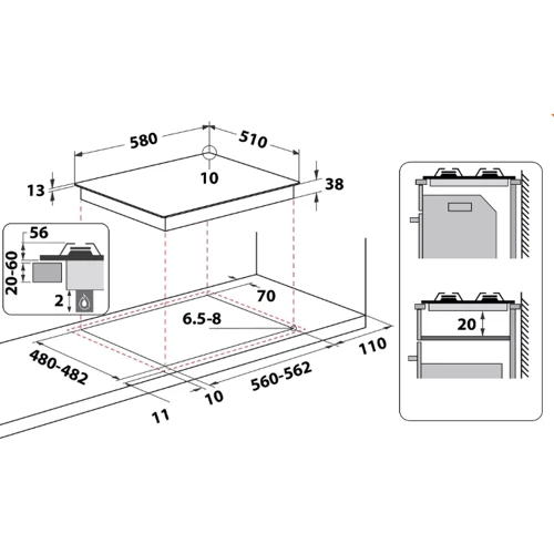 Варильна поверхня Hotpoint-Ariston PPH60GDFIX: Розміри для вбудовування (ШxГ) 56x48 см