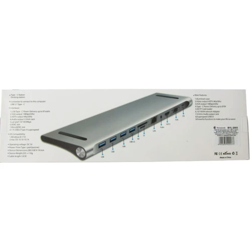 Адаптер Dynamode Adapter USB-C to HDMI+VGA+4xUSB3.0+RJ45+USB-C+3.5mm+SD+microSD Gray (BYL-2003)