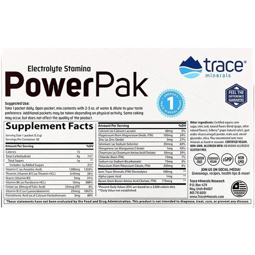 Trace Minerals Research Electrolyte Stamina Power Pak 1200 mg Электролиты со вкусом винограда 30 пакетов: Тип Комплексные