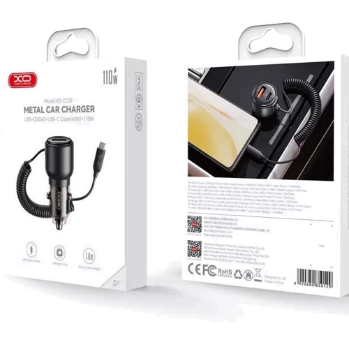 Зарядное устройство XO Car Charger CC59 USB+USB-C 110W Black with USB-C Cable: Кабель в комплекте USB-C