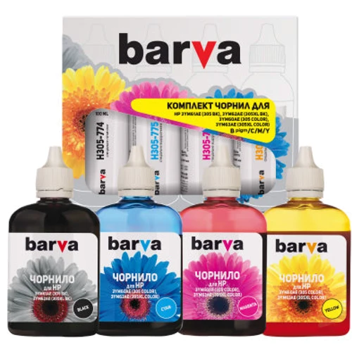Чернила Barva HP 305 100 мл*4 C/M/Y/BP (H305-100-MP): Цвет набор (set), Yellow, Magenta, Black, Cyan