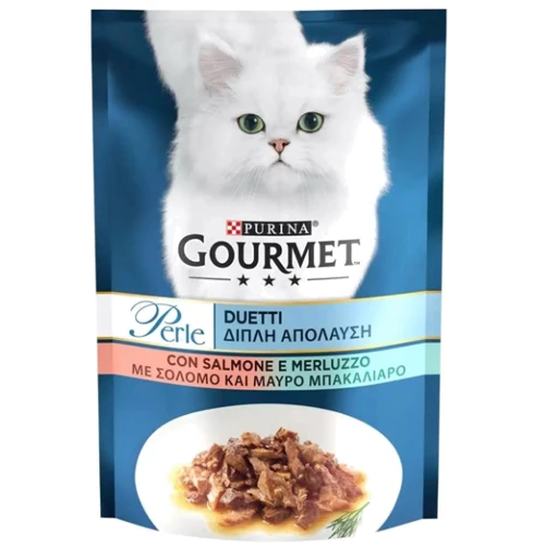 Влажный корм GOURMET Perle Duo для взрослых кошек мини филе в подливке с лососем и сайдой 26x85 г (8445291188228): Тип Влажный корм