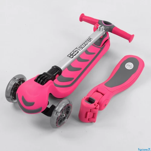 Самокат триколісний Best Scooter з сидінням, складаний алюмінієвий кермо, 4 колеса PU зі світлом Pink (99637): Тип коліс литі