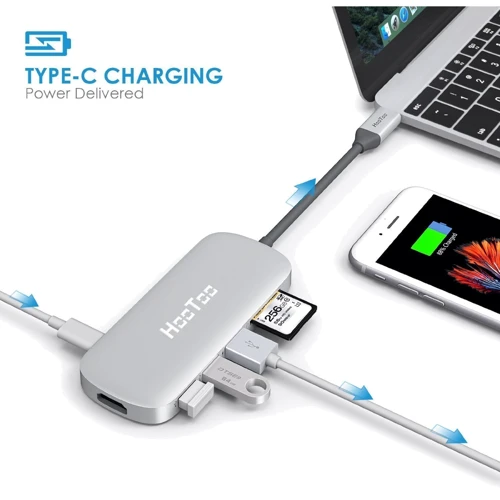 Адаптер HooToo Shuttle USB-C to USB-C+HDMI+3xUSB 3.0+SD Hub Silver (HT-UC001-SL): Дополнительные разъемы SD+TF Card, USB OTG, HDMI, USB-C