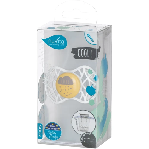 Пустушка Nuvita Air55 Cool симетрична з ковпачком LOVE 6m+ жовто-сіра (NV7085SC): Матеріал силикон