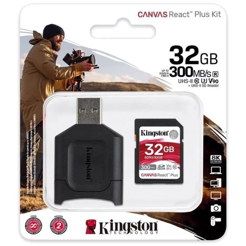 Карта памяти Kingston 32GB SDHC class 10 UHS-I U3 React Plus + USB card reader (MLPR2/32GB): Объем 32 ГБ