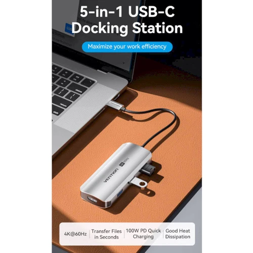 Адаптер Vention Adapter USB-C to HDMI+/USB 3.0x3/PD 100W (TQDHB): Колір серебристый