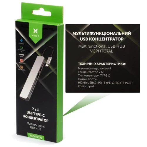 Адаптер Vinga Adapter USB-C to 2xUSB-C + HDMI + 2xUSB + SD / TF Grey (VCPHTC7AL) фото 4