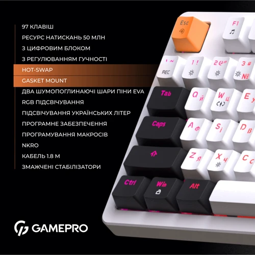 Клавиатура GamePro MK170W (Red) с Hot-Swap RGB White фото 9
