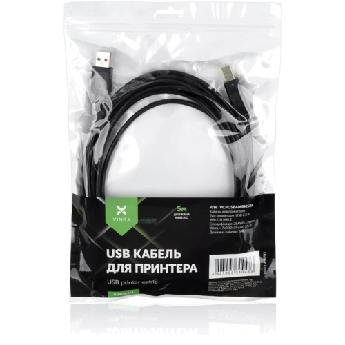 Vinga USB 2.0 AM/BM Black 5m (VCPUSBAMBM5BK)