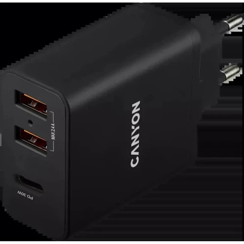 Зарядное устройство Canyon Wall Charger 2xUSB+USB-C 30W Black (CNE-CHA08B): Кабель в комплекте отсутствует