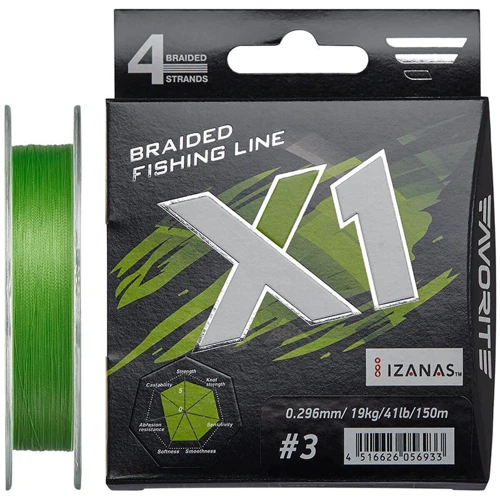 Шнур Favorite X1 PE 4x 150m (l.green) #3.0/0.296mm 41lb/19.0kg (1693.11.35)