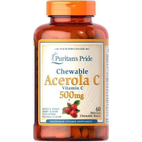 Puritans Pride Chewable Acerola with Vitamin C 500 mg Ацерола с витамином С со вкусом ягод 60 жевательный таблеток
