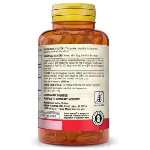 Mason Natural Fish Oil & Omega 3 1200/360 mcg Рыбий жир и Омега 3 100 гелевых капсул: Форма выпуска Капсулы