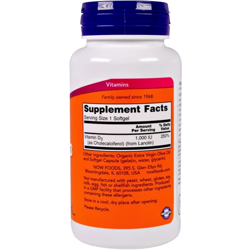 NOW Foods Vit D-3 1000 IU 180 SGELS Витамин D3: Тип Витамин B