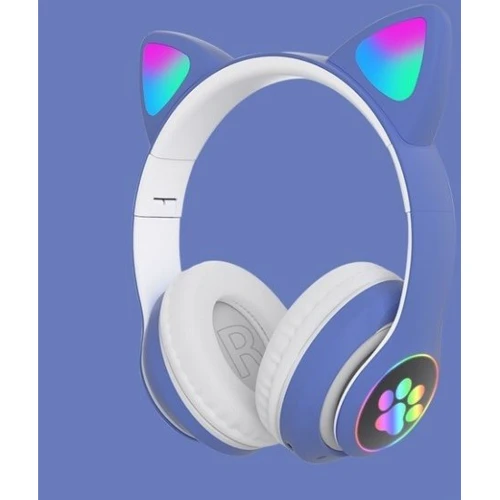 Беспроводные HeadSet LED наушники с кошачьими ушками STN-28 синие  фото 2