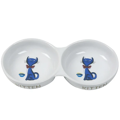 Подвійна миска Flamingo Porcelain Double для кішок з малюнком керамічна 24 см біла
