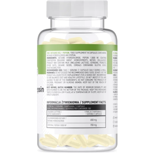 OstroVit Betaine HCl + Pepsin Гидрохлорид бетаина + Пепсин 100 капсул: Тип Бетаина гидрохлорид